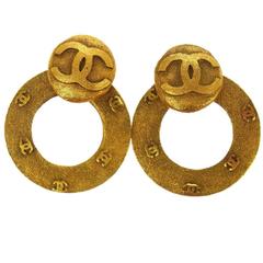 Chanel Vintage Gold Multi Signature Charm Dangle Drop Doorknocker Hoop Earrings