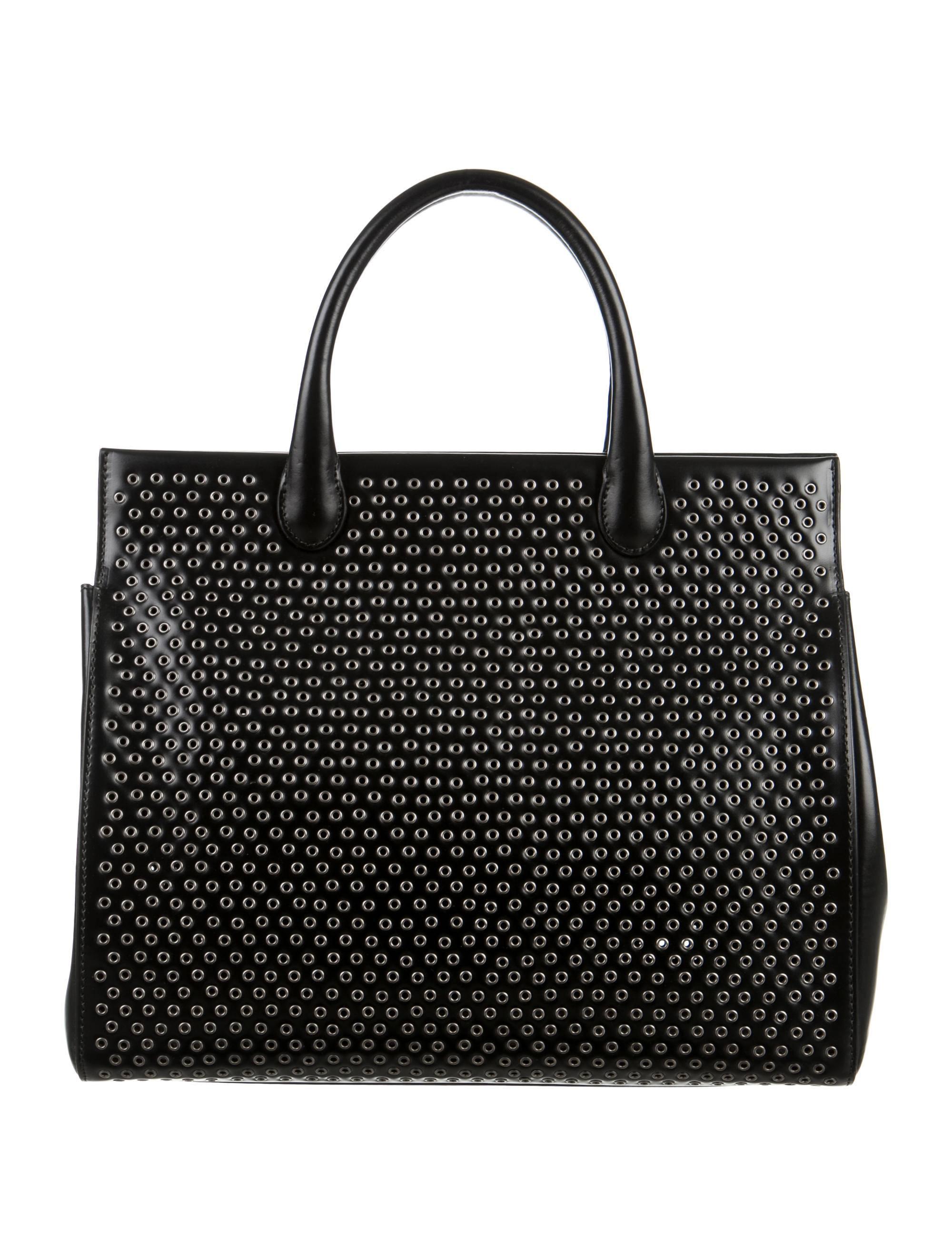 Women's Alaia NEW Black Leather Silver Metal Embellish Large Shopper Top Handle Tote Bag