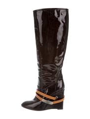 Louis Vuitton Bordeaux Vernis Leather Logo Silver Knee High Wedge Boots