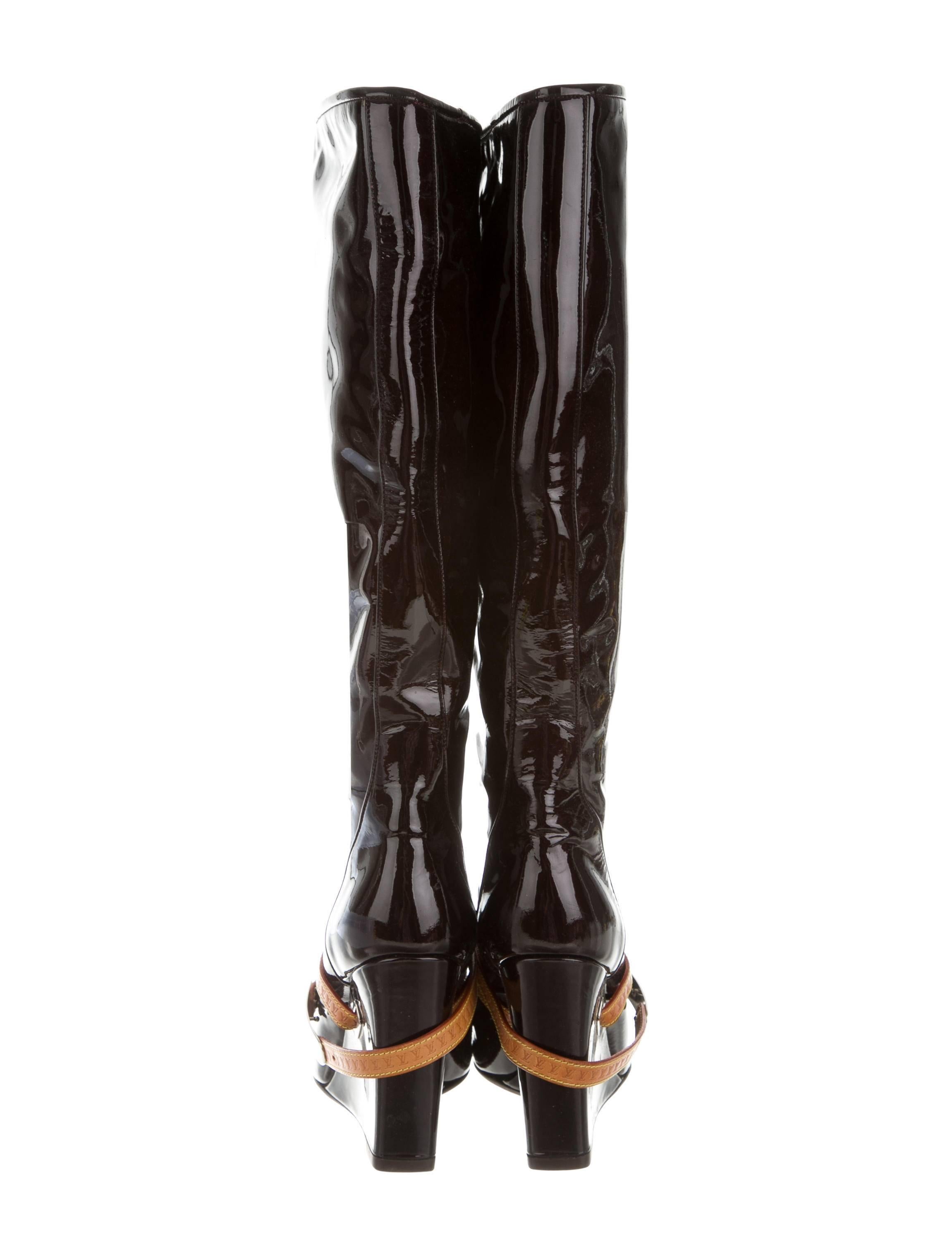 Black Louis Vuitton Bordeaux Vernis Leather Logo Silver Knee High Wedge Boots