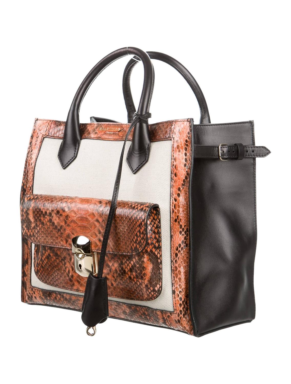 Balenciaga Black Orange Ivory Snake Leather Gold Hardware Top Handle
