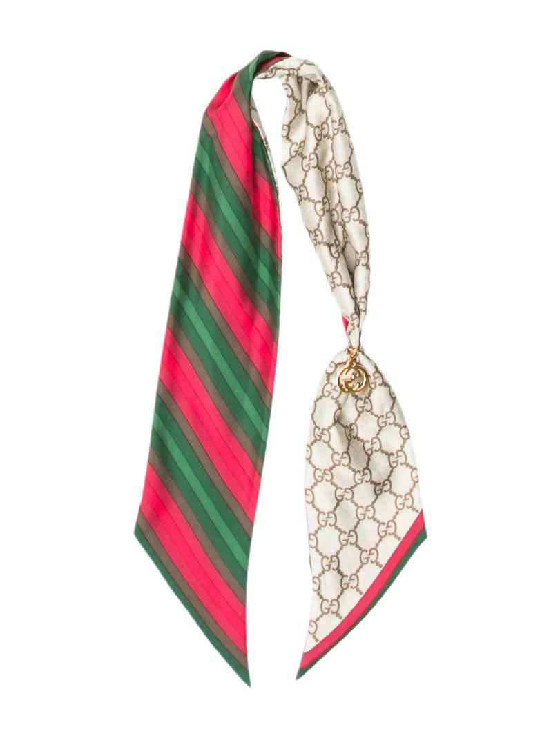 Gucci NEW Red Green Gold Charm Monogram Reversible Silk Scarf in Box