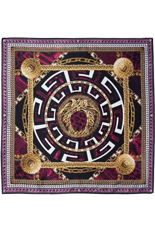 Versace NEW Purple Gold Black Multi Color Medusa Head Chain Silk Scarf