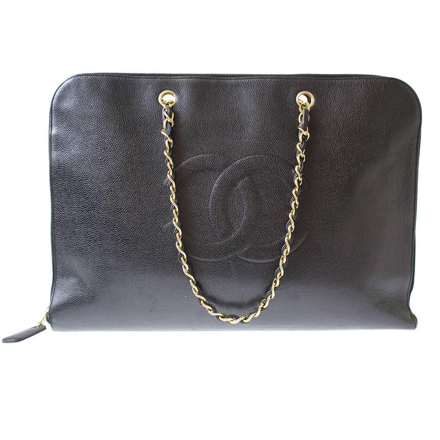 Chanel Black Caviar Gold Laptop Business Carryall Weekend Travel Shoulder Bag
