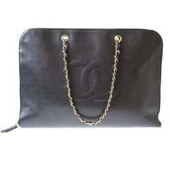 Retro Chanel Black Caviar Gold Laptop Business Carryall Weekend Travel Shoulder Bag