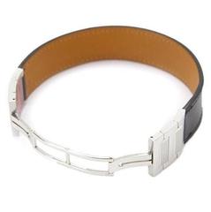 Hermes Black Leather Silver 'H' Unisex Cuff Bangle Bracelet in Box