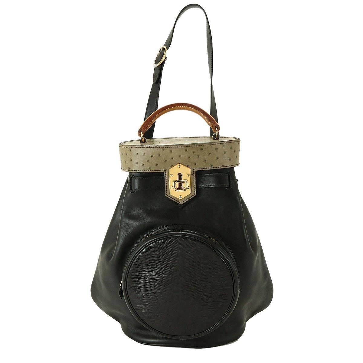 Hermes Vintage Rare Black Leather Gold Top Handle Satchel Sling Bag