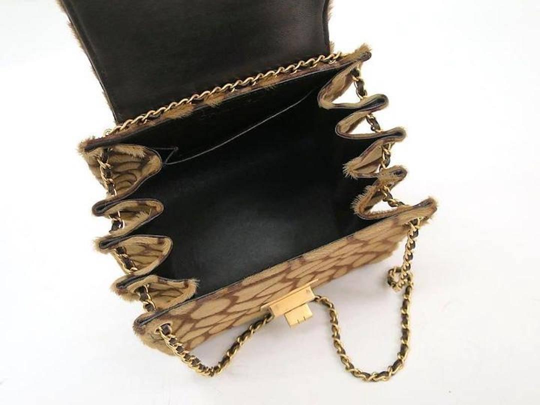 Women's Chanel Rare Cognac Brown Leopard Print Ponyhair Gold Chain Evening Shoulder Bag