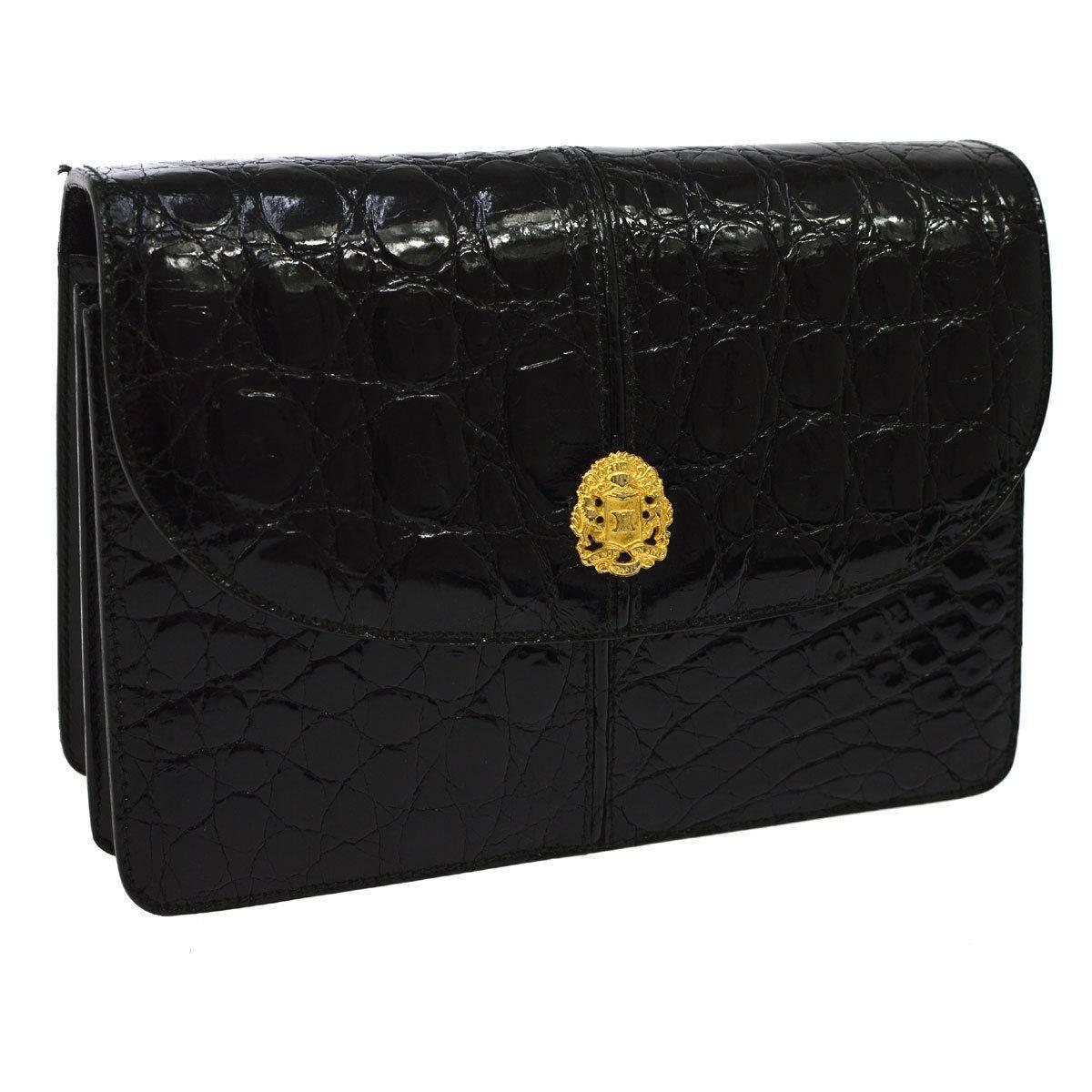 Celine Shiny Black Croc Leather Gold Emblem Evening Top Handle Clutch Bag