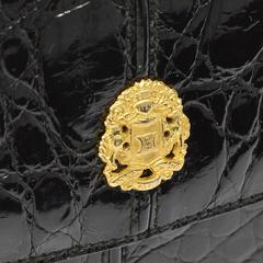 Celine Shiny Black Croc Leather Gold Emblem Evening Top Handle Clutch Bag