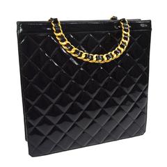 Chanel Vintage Black Leather Patent Top Handle Evening Shopper Tote Bag