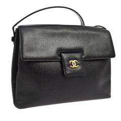 Chanel Vintage Black Caviar Leather Gold Medium Carryall Shoulder Tote Flap Bag