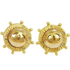 Chanel Gold Round Ball Wheel Button Stud Earrings