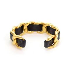 Chanel Vintage Gold Brass Chain Link Leather Cuff Bangle Bracelet