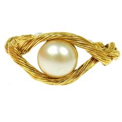 Chanel Vintage Gold Braided Textured Charm Three Pearl Cuff Bracelet 10