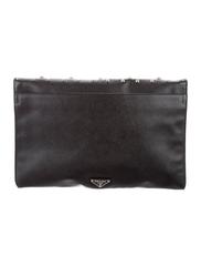 Prada Black Leather Red Crystal Silver Embellished Envelope Flap Clutch Bag