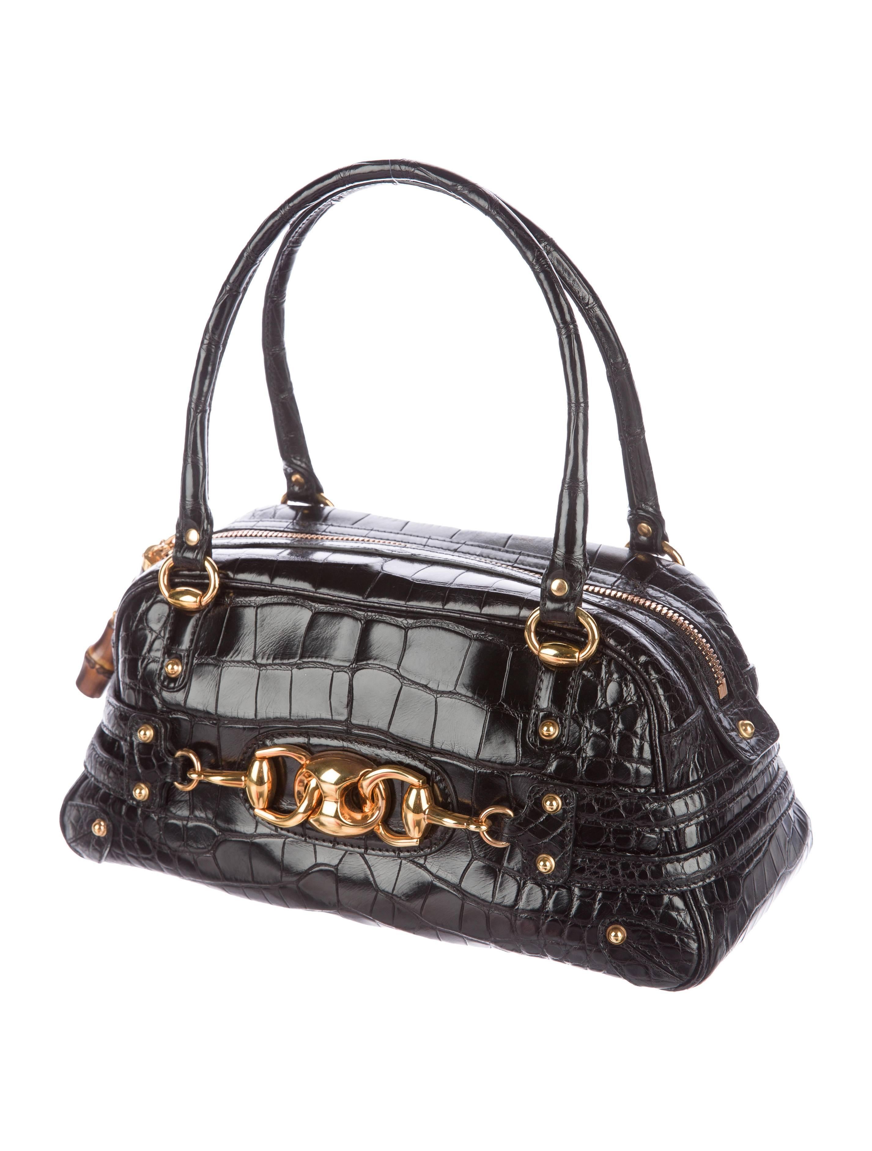 Women's Gucci Rare Ltd Edition Black Animal Skin Gold Horsebit Top Handle Satchel Bag