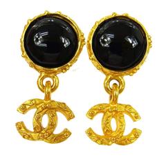 Chanel Retro Black Round Button Gold Charm Evening Dangle Drop Earrings