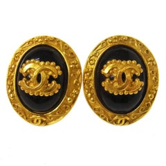 Chanel Vintage Gold Black Ornate Baroque Evening Round Button Stud Earrings