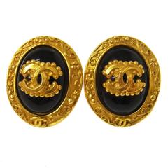 Chanel Vintage Gold Black Ornate Baroque Evening Round Button Stud Earrings 9