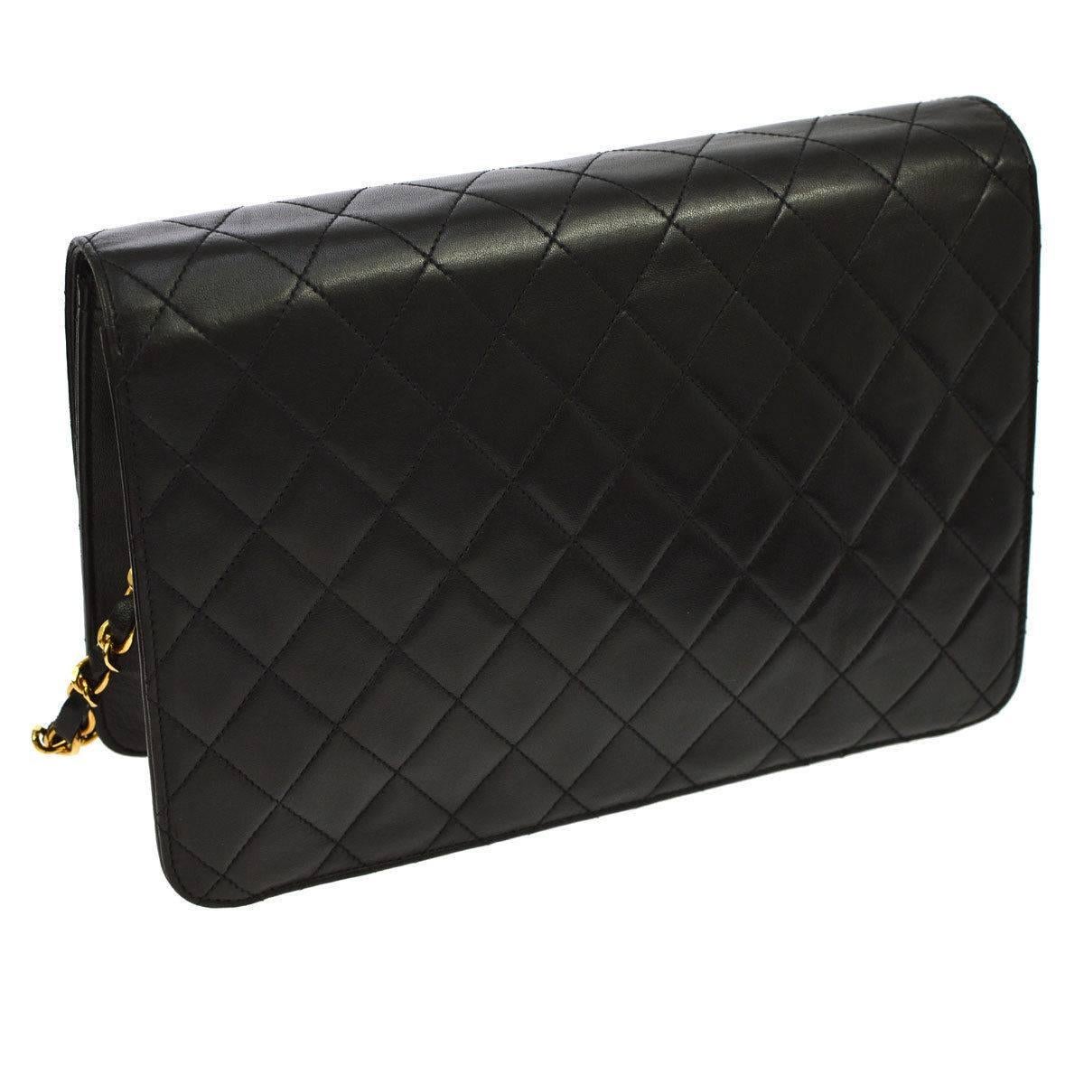 Women's Chanel Vintage Black Lambskin 2 in 1 Envelope Clutch Flap Shoulder Bag in Box
