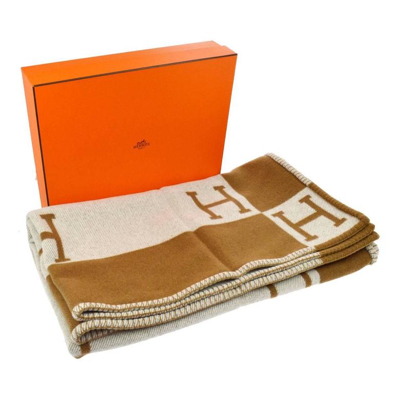 Hermes Avalon Tan Cognac Brown 'H' Cashmere Wool Throw Blanket Shawl in ...
