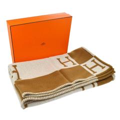 Hermes Avalon Tan Cognac Brown 'H' Cashmere Wool Throw Blanket Shawl in Box