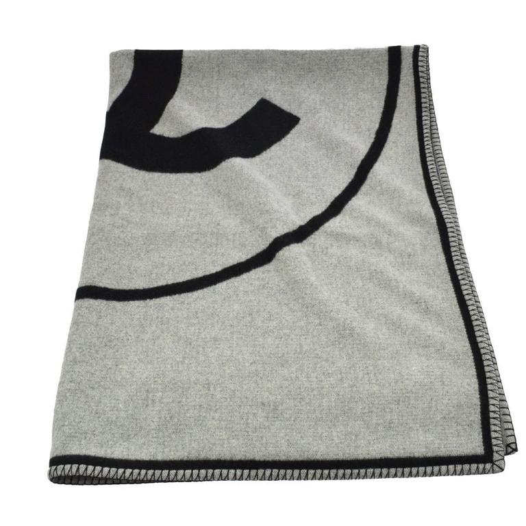 Chanel LIKE NEW Black Gray Reversible Wool Cashmere Shawl Throw