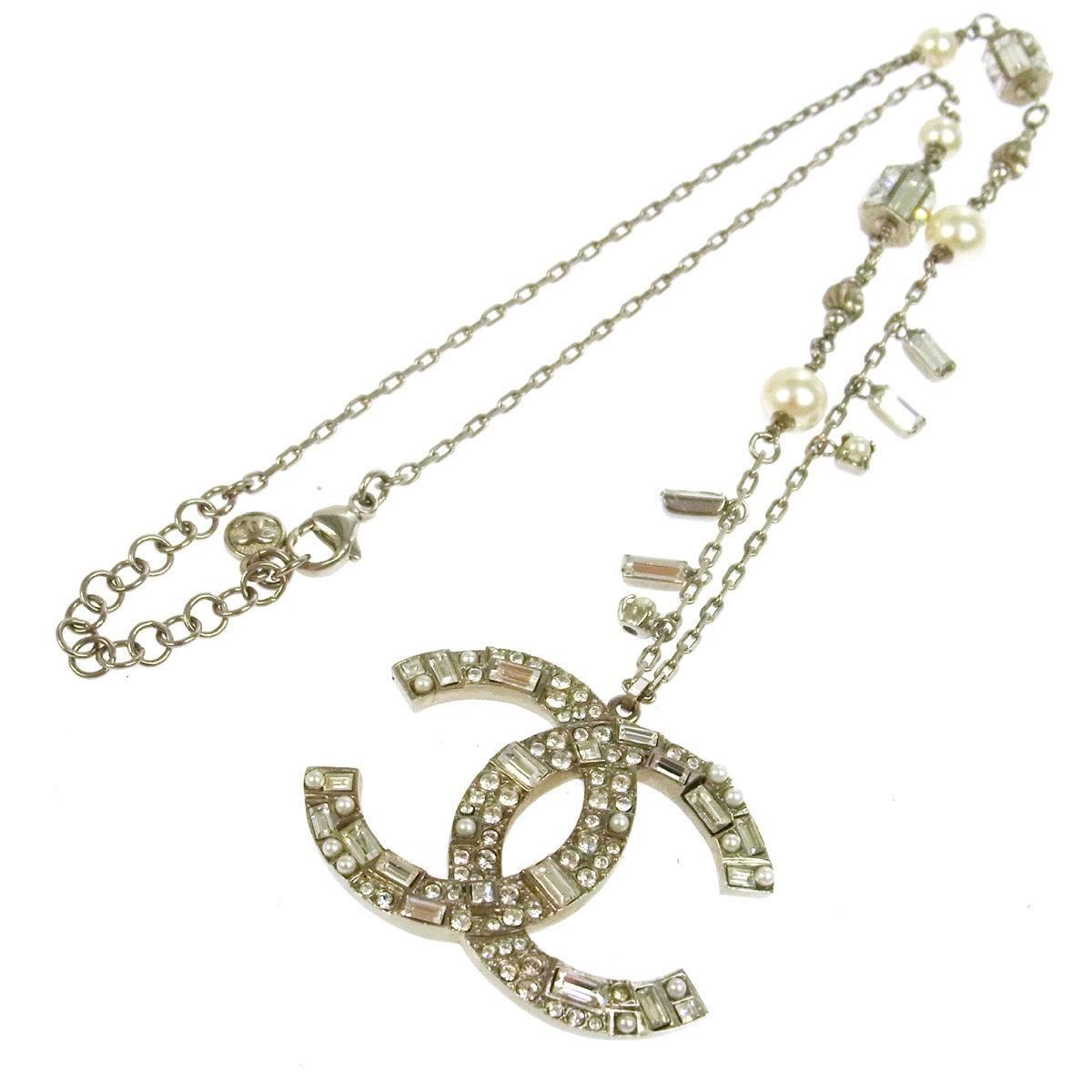 Chanel Silver Multi Strand Embellished Stone Pearl Large Charm Link Necklace