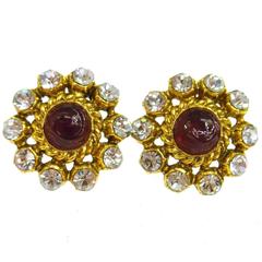 Chanel Vintage Gold Red Gripoix Rhinestone Evening Round Stud Earrings 