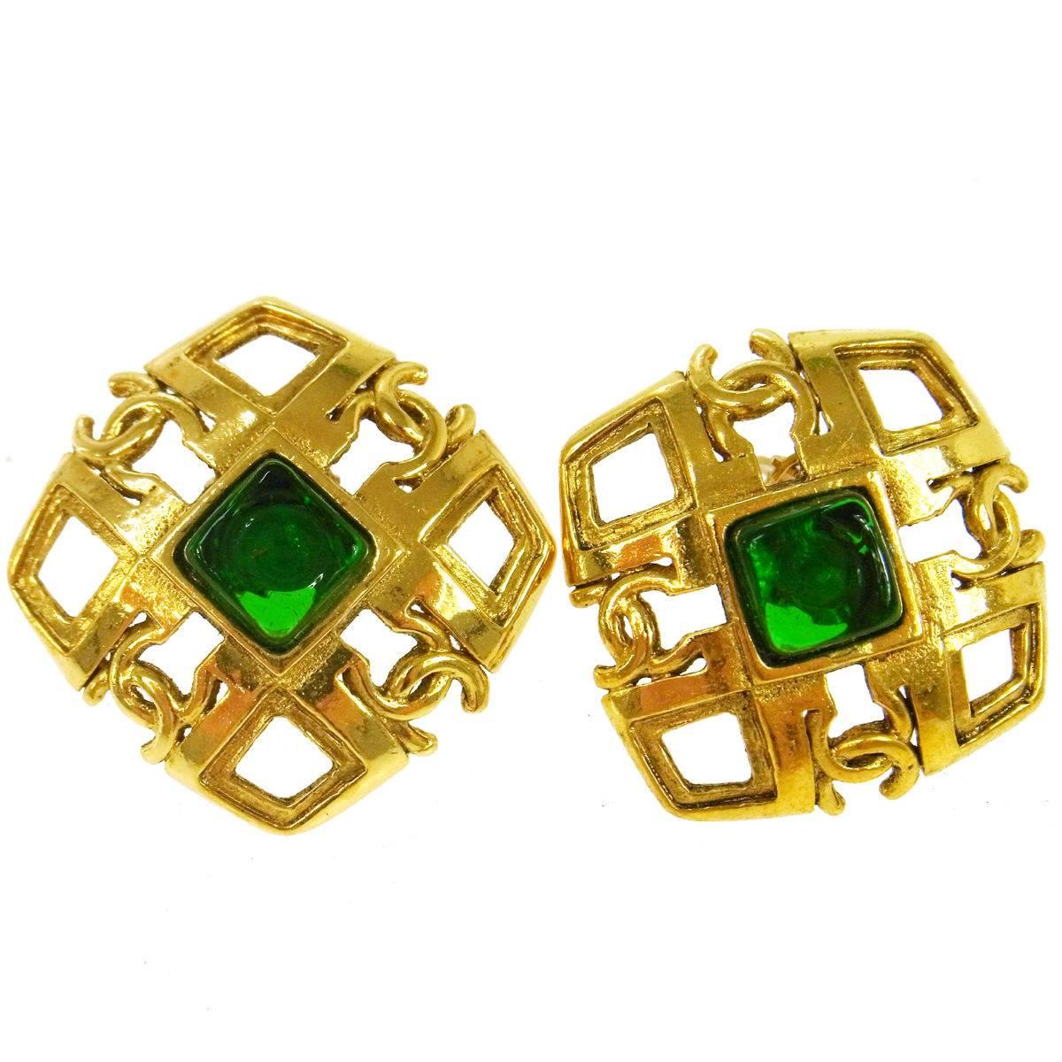 Chanel Vintage Gold Open Cage Gripoix Charm Square Stud Earrings