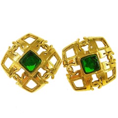 Chanel Vintage Gold Open Cage Gripoix Charm Square Stud Earrings