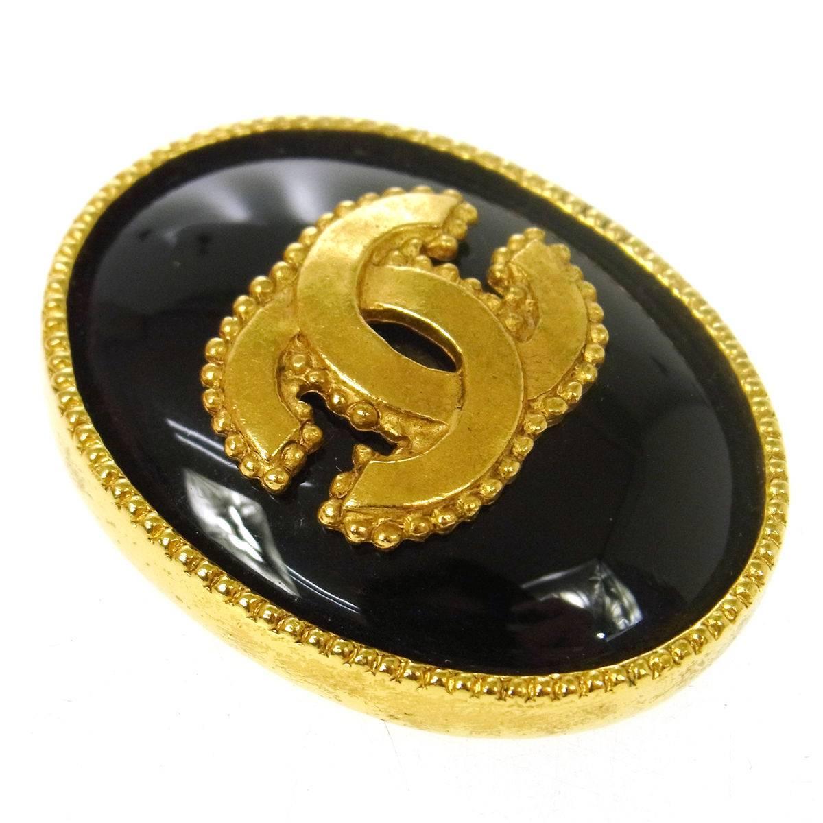 Chanel Vintage Gold Cham Black Enamel Cameo Brooch in Box