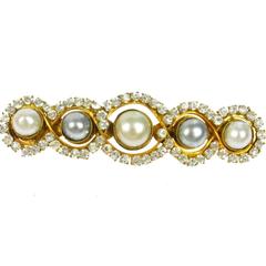 Chanel Vintage Gold Five Pearl Rhinestone Encrusted Pin Brooch