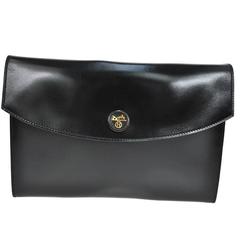 Hermes Vintage Black Leather Gold Logo Evening Envelope Flap Clutch Bag in Box