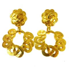 Chanel Vintage Gold Charm Long Doorknocker Dangle Drop Hoop Earrings
