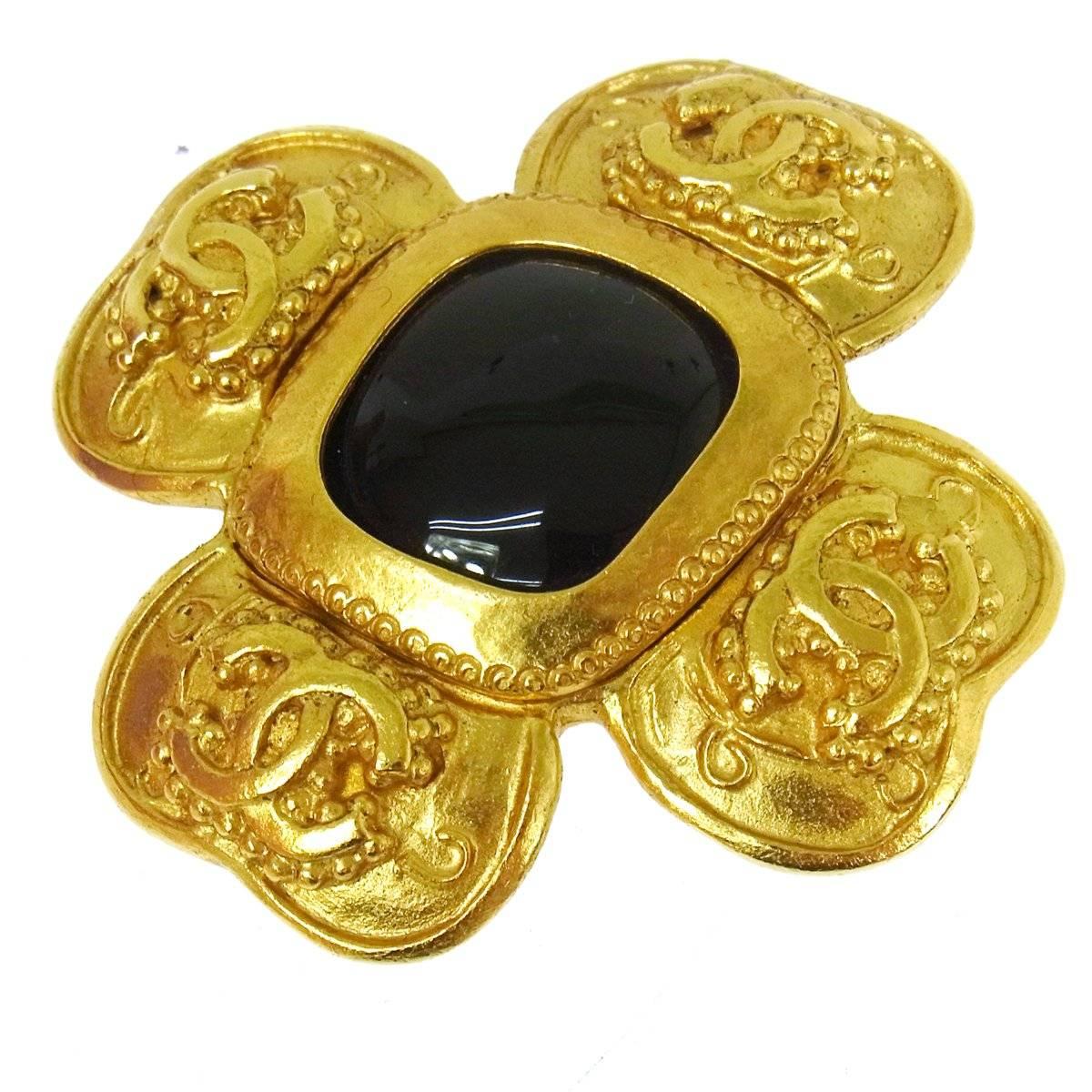 Chanel Vintage Textured Gold Charm Black Poured Glass Pin Brooch in Box