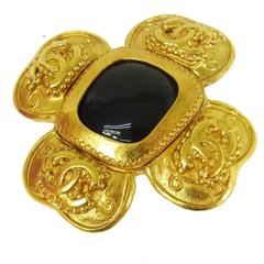 Chanel Vintage Textured Gold Charm Black Poured Glass Pin Brooch in Box