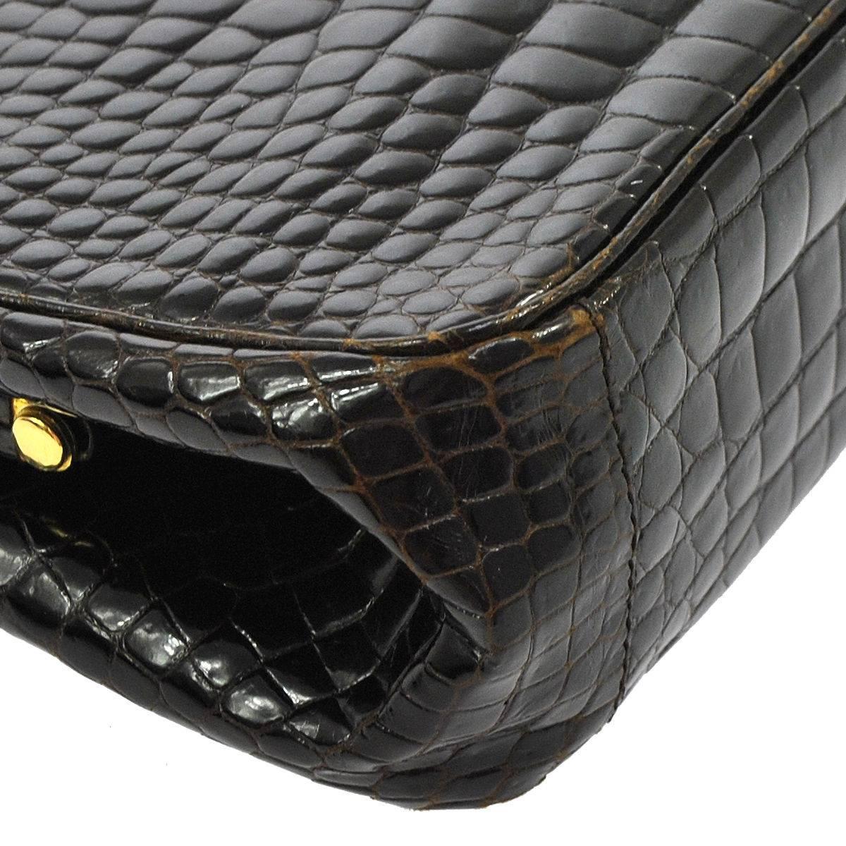 Chanel Rare Vintage Dark Brown Croc Leather Gold Evening Kisslock Top Handle Bag In Good Condition In Chicago, IL