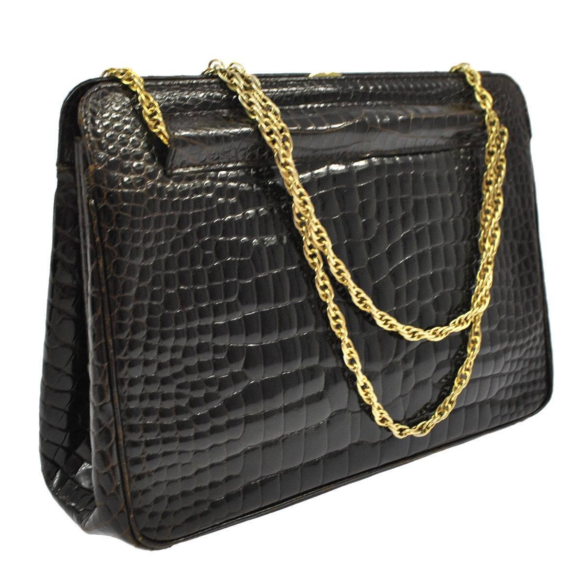Chanel Rare Vintage Dark Brown Croc Leather Gold Evening Kisslock Top Handle Bag