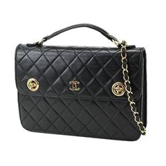 Chanel Vintage Black Lambskin Dual Turnlock Top Handle Satchel Shoulder Flap Bag