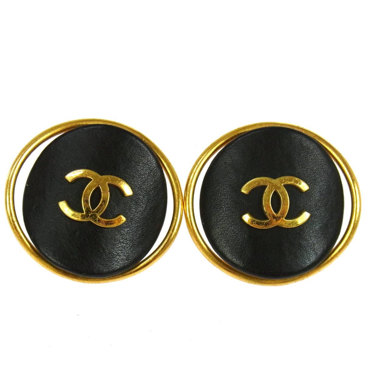 Chanel Vintage Rare Charm Leather Round Button Stud Cage Evening Earrings in Box