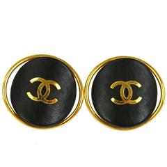 Chanel Vintage Rare Charm Leather Round Button Stud Cage Evening Earrings in Box 2