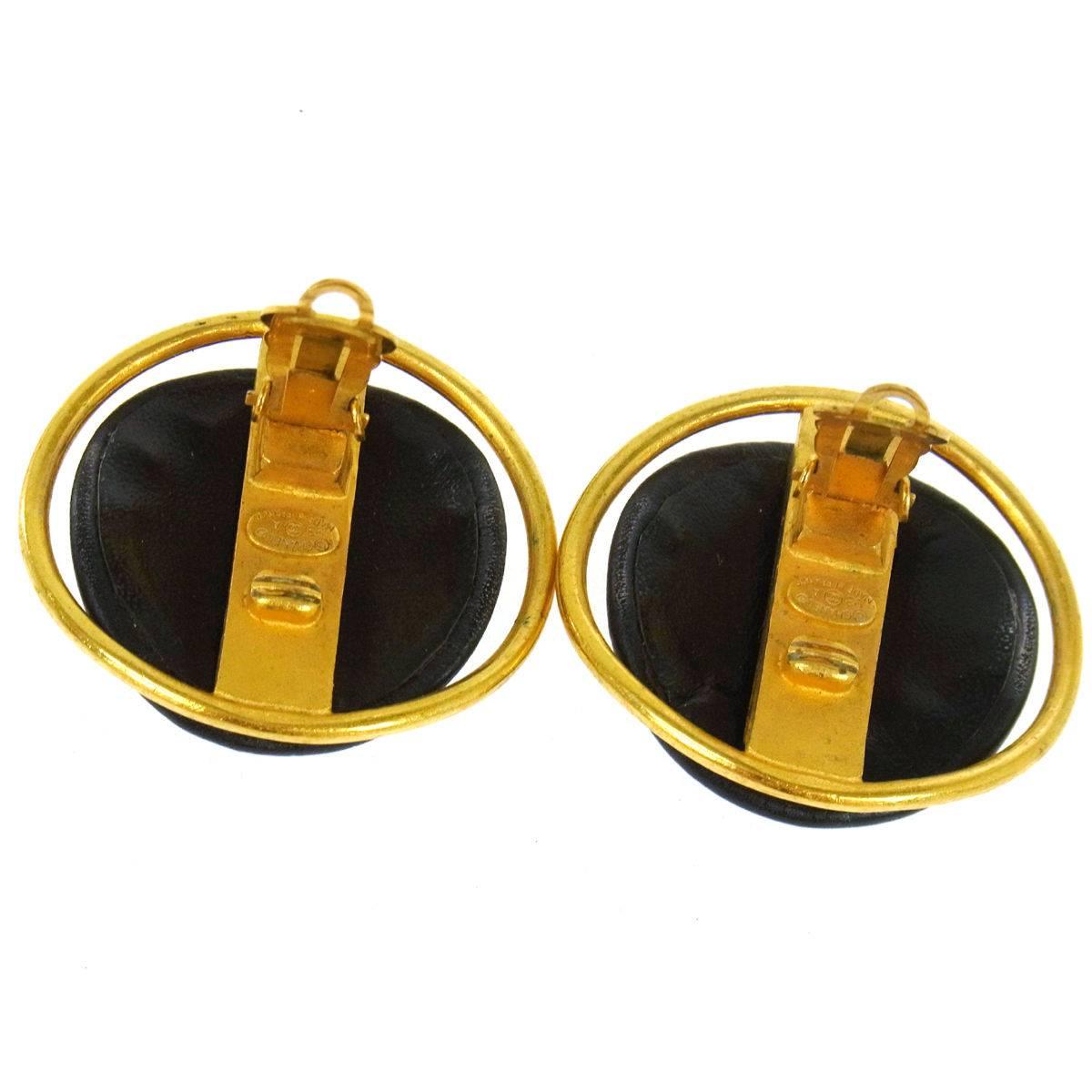 Chanel Vintage Rare Charm Leather Round Button Stud Cage Evening Earrings in Box In Excellent Condition In Chicago, IL