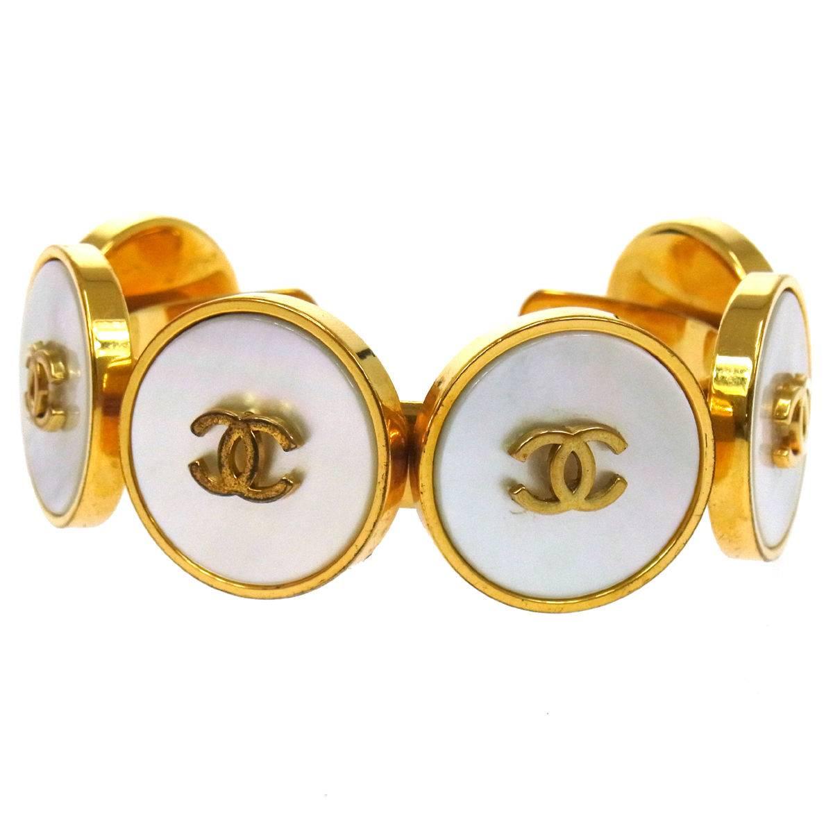 Chanel Vintage Rare Gold Charm Mother of Pearl Cameo Coin Cuff Bracelet