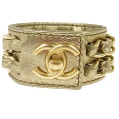 Chanel Gold Metallic Leather Charm Chain Link Cuff 