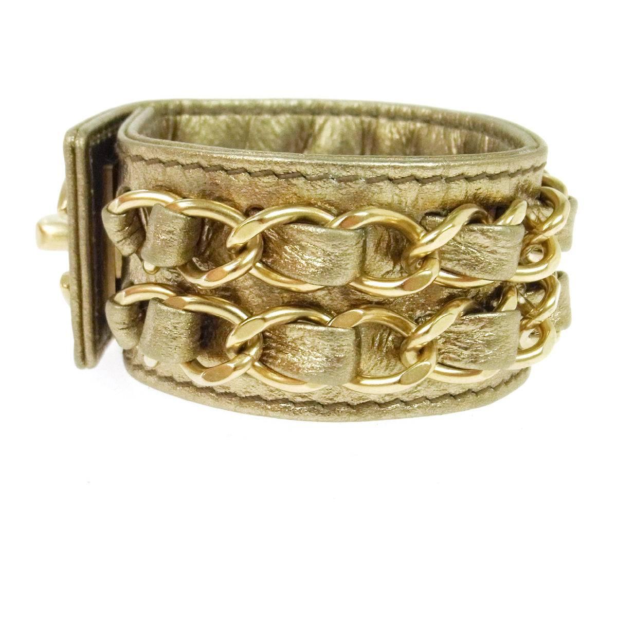 Chanel Gold Metallic Leather Charm Chain Link Cuff  In Good Condition In Chicago, IL