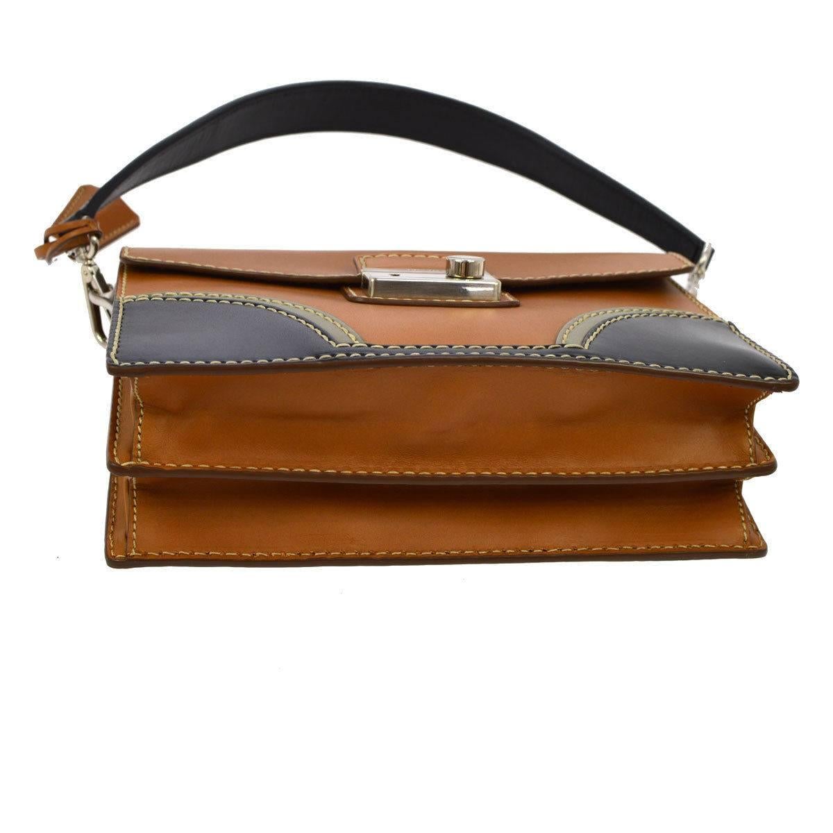 Women's Prada Cognac Leather Colorblock Top Handle Satchel Flap Bag