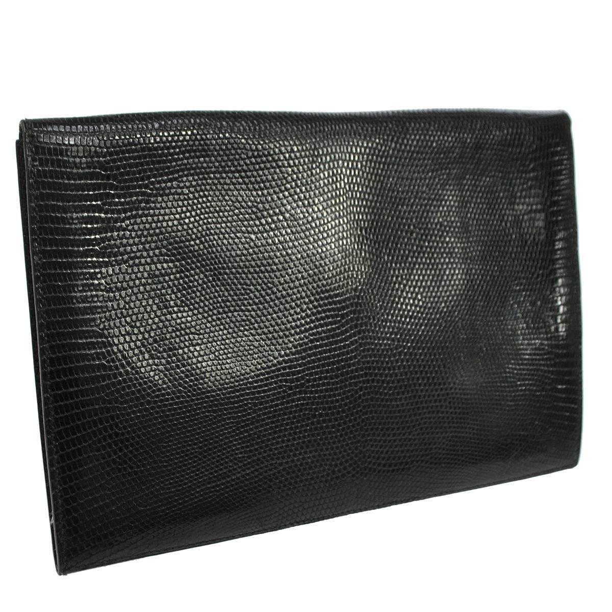 Women's Hermes Rare Vintage Black Lizard Leather Gold Attache Envelope Evening Flap Bag
