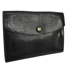 Hermes Rare Vintage Black Lizard Leather Gold Attache Envelope Evening Flap Bag